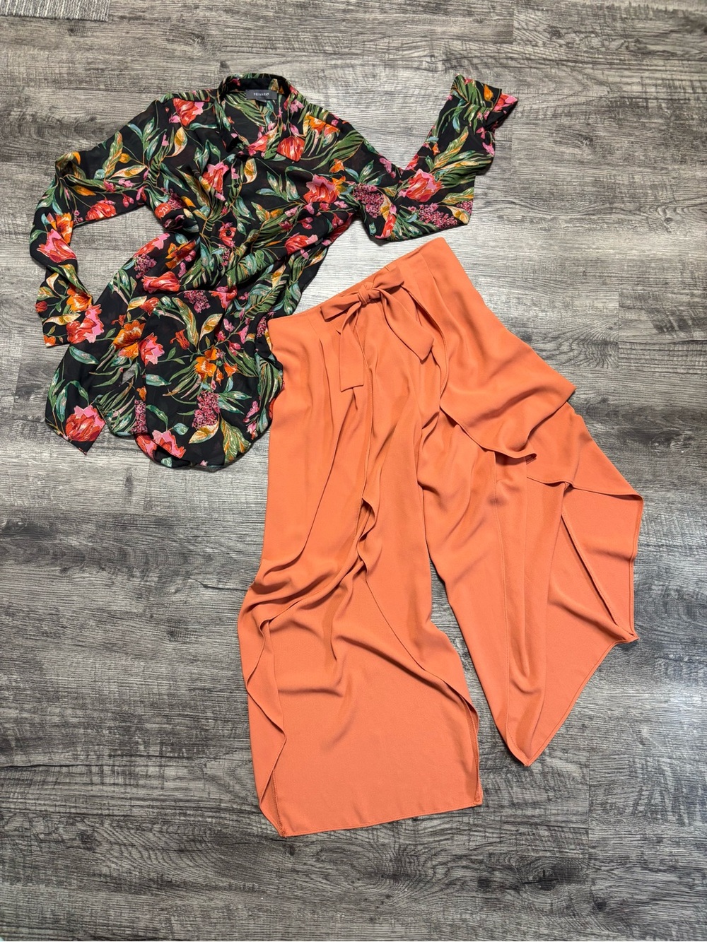 Floral Black Button-Up Blouse & Rust Orange Wide-Leg Pants Set